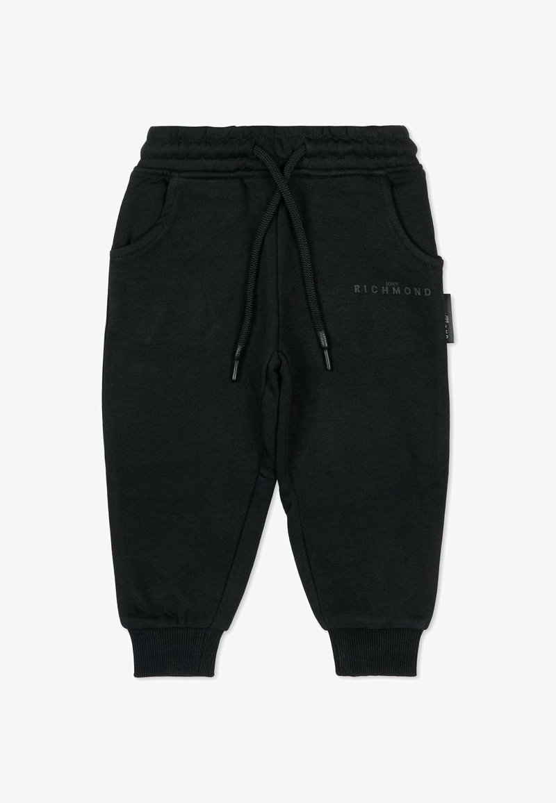 Pantalons de jogging noirs en tissu doux avec une taille élastique, un cordon de serrage, des poches latérales et des poignets côtelés. Affiche un logo à l'avant.