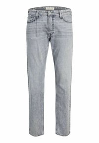 Jeans en denim gris clair avec une coupe droite, design à cinq poches et légères décolorations. Comprend une fermeture à bouton et à glissière à la taille.