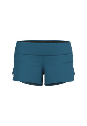 Teal athletic shorts with a wide waistband, textured fabric, short cut, and a side logo detail. Suitable for active wear.