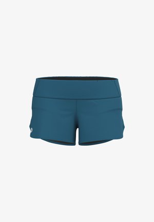 Türkise Sportshorts mit breitem Bund, strukturiertem Stoff, kurzem Schnitt und seitlichem Logodetail. Ideal für aktive Kleidung.