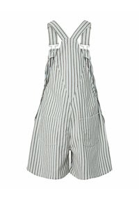 Ριγέ αμάνια κοντή σαλοπέτα με μπροστινές τσέπες και ρυθμιζόμενους ιμάντες ώμου με αγκράφες σε ανοιχτούς γαλάζιους και καφέ τόνους.