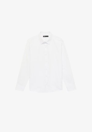 White long-sleeve button-down shirt with pointed collar, laid flat against a white background.