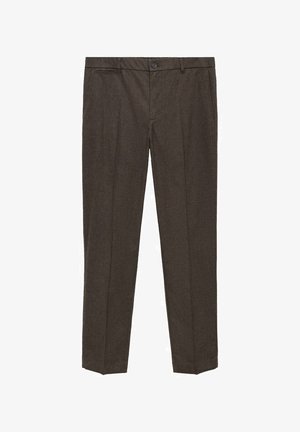 Brune, strukturerede stofbukser med lige pasform, frontlommer og enkel knaplukning, med et diskret mønster.