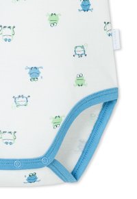 Vit bodysuit med blåa detaljer, prydd med olika tecknade grodor i grönt och blått, med tryckknappar i botten.