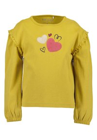 Camicia gialla a maniche lunghe con dettagli arruffati, caratterizzata da una grafica a forma di cuore nei colori bianco, rosso e rosa. Realizzata in cotone, vestibilità comoda.