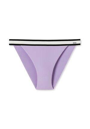 Lavender-Bikiniunterteil mit gerippter Textur, elastischer Bund in Schwarz-Weiß-Streifen, minimalistisches Design, keine zusätzlichen Muster oder Akzente.