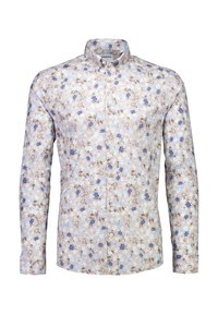 Blomstret skjorte med knappelukking i lys beige med blå og brune blomster. Lange ermer, klassisk krage og knappelukking foran. Myk stofftekstur.