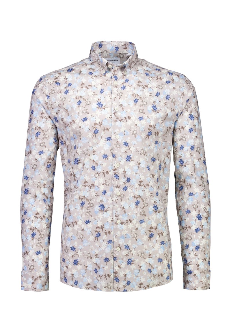 Blomstret skjorte med knappelukking i lys beige med blå og brune blomster. Lange ermer, klassisk krage og knappelukking foran. Myk stofftekstur.