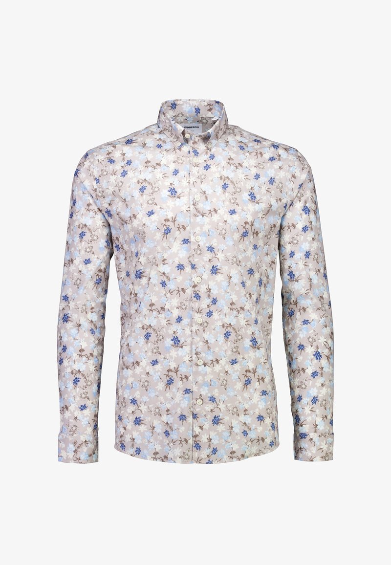 Blomstret skjorte med knappelukking i lys beige med blå og brune blomster. Lange ermer, klassisk krage og knappelukking foran. Myk stofftekstur.