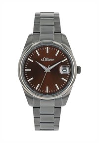 RVS horloge met een bruine wijzerplaat, zilveren indexen en datumaanduiding. Beschikt over een gepolijst armband en een ronde kast.