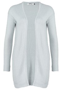 Jasnoszary kardigan wykonany z miękkiego dzianiny, z otwartym przodem, długimi rękawami i teksturowanymi detalami po bokach.
