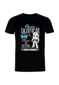 Sort bomuld t-shirt med et grafisk print af Buzz Lightyear i hvid og lyseblå, med teksten "Buzz Lightyear til uendelighed og derudover!"
