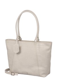 Sac fourre-tout beige clair avec une texture crocodile, en cuir doux, équipé de doubles poignées et d'une étiquette amovible. Présente un fond plat et des coutures discrètes.