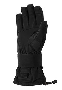 Gant isolé noir avec un extérieur en tissu souple, doté d'une paume texturée, d'une bande de poignet élastique et d'un poignet ajustable pour un ajustement sécurisé.