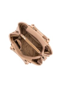 Sac à main en cuir beige avec quincaillerie dorée, deux poignées supérieures et un compartiment intérieur zippé. L'intérieur doublé présente un tissu à motif logo.