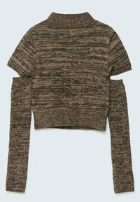 Maglione marrone lavorato a maglia con maniche corte e aperture per le braccia lunghe, caratterizzato da un motivo testurizzato e un collo alto in un design cropped.