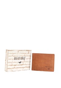 Brown leather wallet with a smooth texture, featuring visible stitching and a logo accent. Accompanied by a patterned cardboard box.