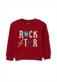 Sudadera roja de algodón, que presenta un estampado gráfico con las palabras "Nacido para ser una ESTRELLA DEL ROCK," calaveras, estrellas y acentos de rayo.