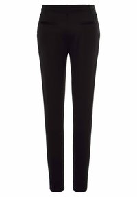 Zwarte broek van een gladde stof, met een slim fit, twee achterzakken en een tailleband met elastische details voor comfort.