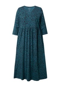 Robe en imprimé léopard teal avec un décolleté en V, des manches trois-quarts et une taille froncée, réalisée en tissu doux pour plus de confort.