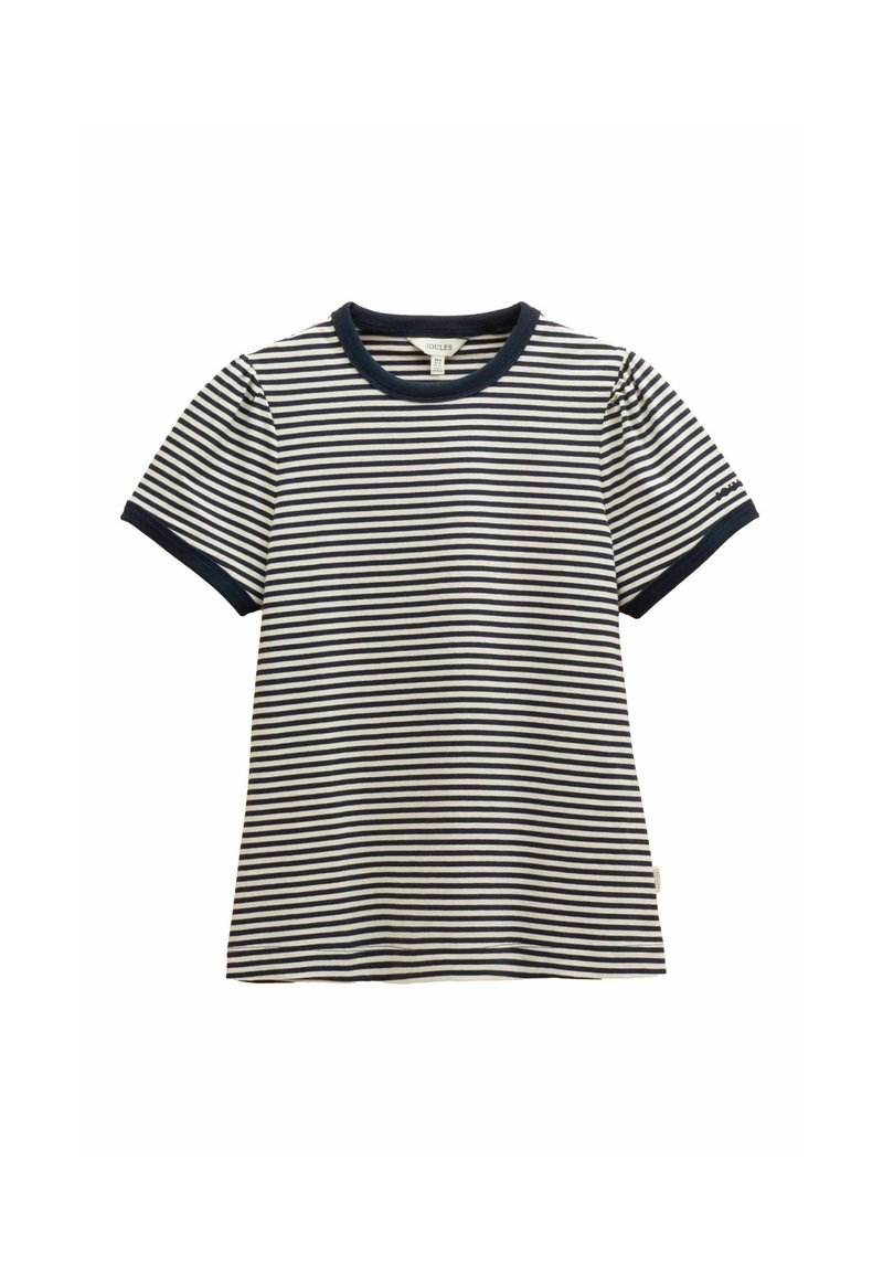 Ribaga T-särk tumesinises ja helesinises, ümmarguse kaeluse, lühikeste varrukate ja kontrastsete tumesiniste äärtega. Valmistatud pehmest puuvillast materjalist.