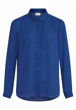 Long-sleeve blue button-up blouse with a classic collar and subtle shoulder gathers, designed for women's wear.