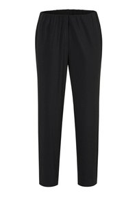 Pantalons noirs avec une taille élastique, des jambes fuselées et un tissu lisse et léger. Pas de poches ni de fermetures visibles.