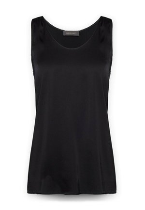 Czarna bezrękawnik wykonana z gładkiego, lekkiego materiału, z okrągłym dekoltem i luźnym krojem, bez zdobień ani detali.