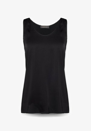 Czarna bezrękawnik wykonana z gładkiego, lekkiego materiału, z okrągłym dekoltem i luźnym krojem, bez zdobień ani detali.