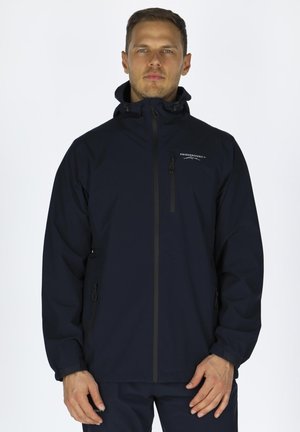 Navy waterproof jacket with a zip front, adjustable hood, and two side pockets. Features a logo on the upper left and elastic cuffs.