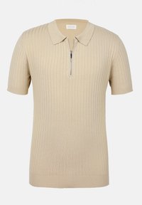 Beige stickad polo skjorta med korta ärmar, ribbad struktur och dragkedja framtill. Har en klassisk krage och rak fåll.