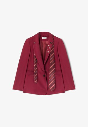 Bordowa marynarka z pojedynczym czarnym guzikiem, dwoma przednimi kieszeniami, trzema ozdobnymi przypinkami na klapie oraz pasującym, paskowanym krawatem przewieszonym przez kołnierz.