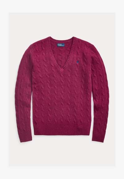 Polo Ralph Lauren CABLE KNIT WOOL CASHMERE V-NECK SWEATER - Pulóver - plum heather