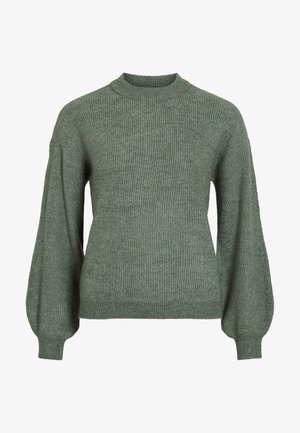 Roheline soonikuga kampsun kõrge kaelusega ja pikkade, mahukate varrukatega. Omadused: tekstuurse viimistlusega ja kitsad varrukaotrused.