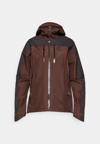 Giacca impermeabile marrone e grigio scuro con chiusura a zip, cappuccio, tasche con zip e polsini regolabili. Tessuto liscio e durevole.