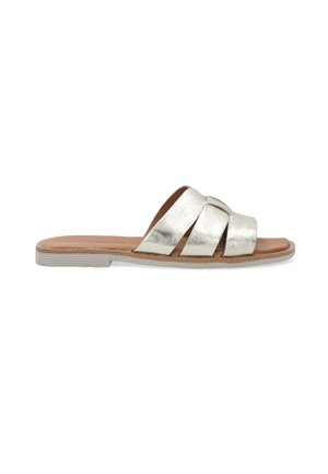 Metallic silver slide sandal featuring three braided straps, a leather insole, and a flat rubber outsole with subtle ridges.