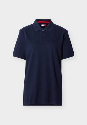Tmavomodrá krátka polokošeľa s golierom, dvoma gombíkmi a malým logom vlajky Tommy Hilfiger na hrudi.