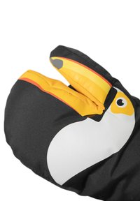 Schwarze Stoffhandschuhe mit einem stilisierten Tukangestaltung, gelbem Schnabel, orangefarbenen Akzenten und einem weißen Bauch. Weiche Textur, cartoonhafte Erscheinung.