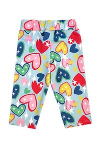 Leggings infantiles con cintura elástica, fondo azul claro, patrón de corazones multicolores, estrellas y destellos.