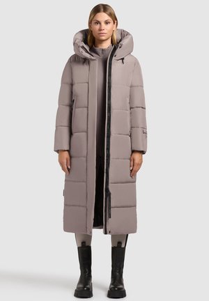 Long, padded coat in light gray with a hood, featuring horizontal quilted sections, a front zipper, and side pockets. Black accents present.