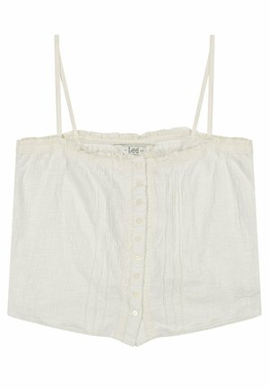 Weißes ärmelloses, kurz geschnittenes Top mit dünnen Trägern, Knopfleiste vorne, gerafftem Ausschnitt und dezenten Stickereien an der Säumung.