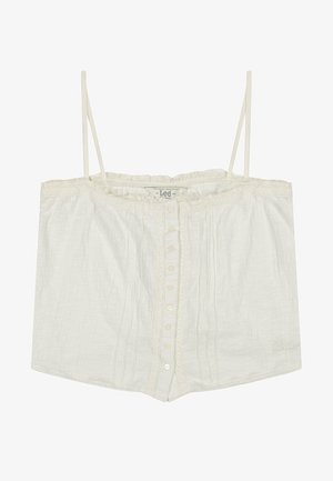 Weißes ärmelloses, kurz geschnittenes Top mit dünnen Trägern, Knopfleiste vorne, gerafftem Ausschnitt und dezenten Stickereien an der Säumung.