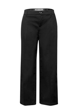 Pantaloni neri a gamba dritta con chiusura a bottoni e zip, passanti per cintura e tasche laterali, mostrati su sfondo bianco.