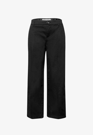 Pantalon noir à jambes droites avec fermeture à bouton et fermeture éclair, passants pour ceinture et poches latérales, présenté sur un fond blanc.