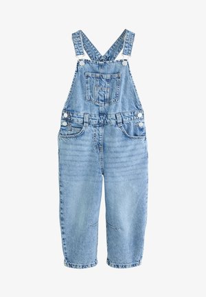 Jasnoniebieskie ogrodniczki dżinsowe z regulowanymi ramiączkami, przednią kieszenią na piersi, bocznymi guzikami i przednimi szlufkami na pasek.