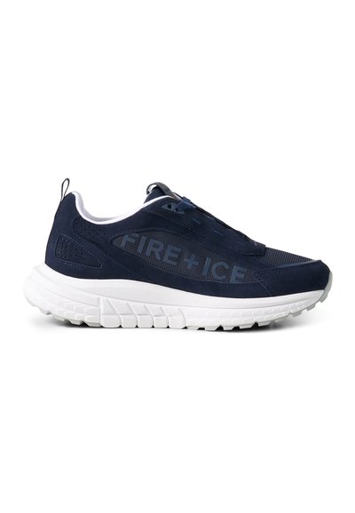 Navy blue sneaker with white sole, perforated details, "FIRE + ICE" branding on side, and pull tab at the heel, shown in profile view.