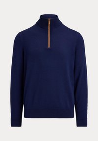 Pull bleu marine à manches longues avec un col montant côtelé et une fermeture éclair brune d'un quart au centre devant.