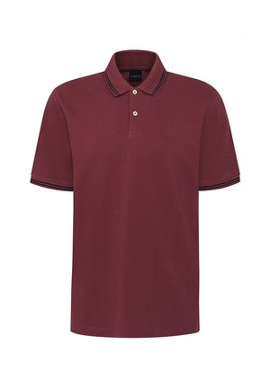 Burgunderfarbendes Poloshirt aus weichem Stoff, mit einer Zwei-Knopf-Leiste, klassischem Kragen und kontrastierenden marineblauen Streifen an den Ärmeln.