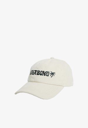 Gorra de pana crema con bordado del logo "BONG" en verde oscuro y acento de palmera, con visera curva y corona estructurada.