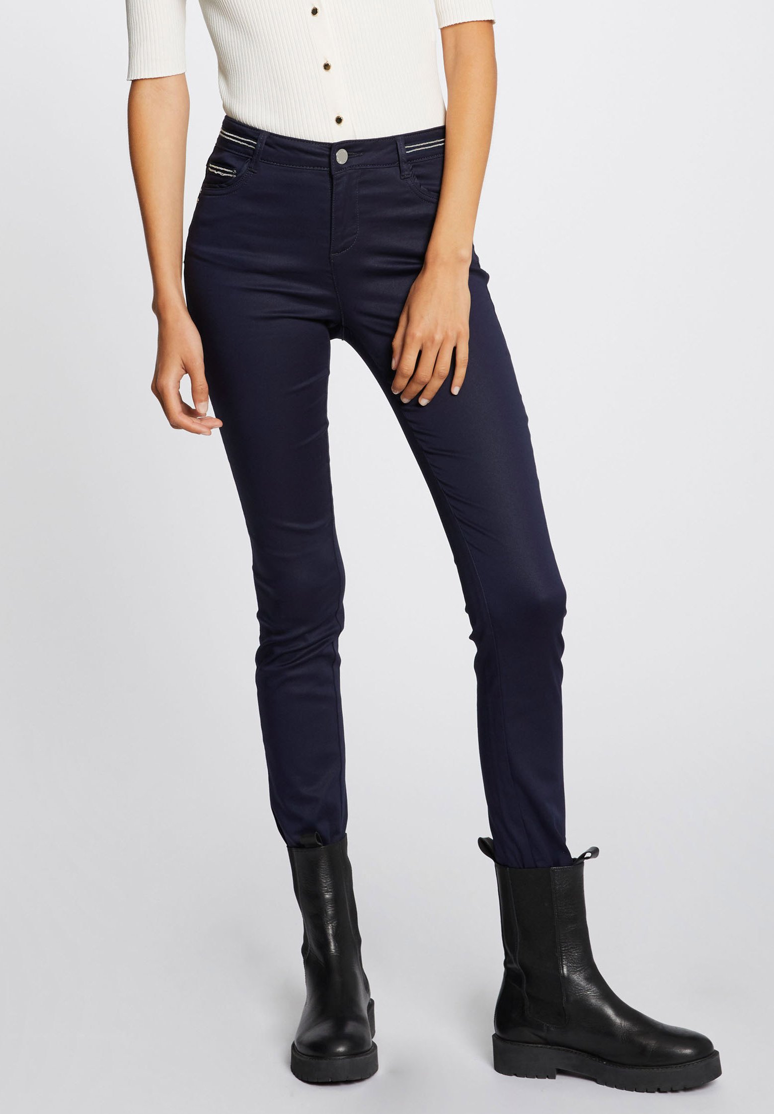 Pantalon Tony Effet Enduit Bleu Marine Femme Caroll Pantalons Et